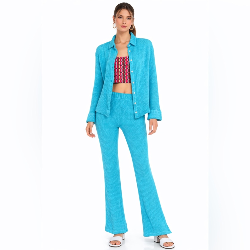 DONNI. Turquoise Knit Boot Cut Pants & Jacket Set with Pink Patterned Crop